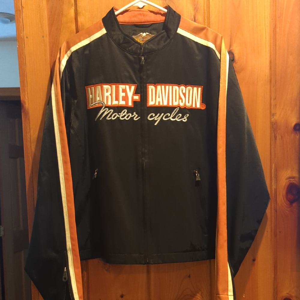 Harley-Davidson Black Windbreaker with Orange and White Accents